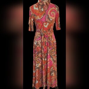 MSK  Coloroful Long Dress with 3/4 Sleeves and Dress Shirt Collar M Size